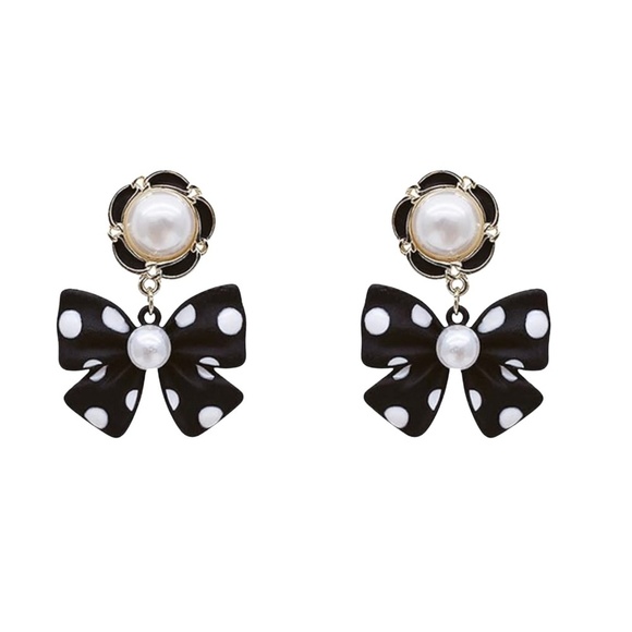 Jewelry - Black Polka Dot Bow Earrings – Faux Pearl Flower & Drop Bow